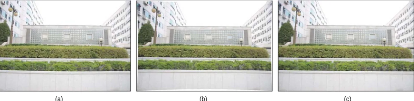 Fig. 14. Lens distortion correction. (a) original distorted image of focal length 20mm, (b) corrected image using the distortion parameter 5.776, (c) corrected image using PTLens