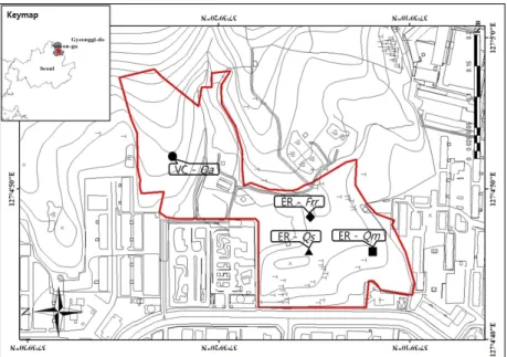 Fig.  2.  Location  of  vegetation  conservation  site  and  ecological  restoration  sites  in  Mt