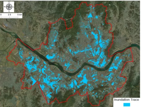 Fig. 1. Map showing the study area and inundation trace map in the Seoul metropolitan city, Korea
