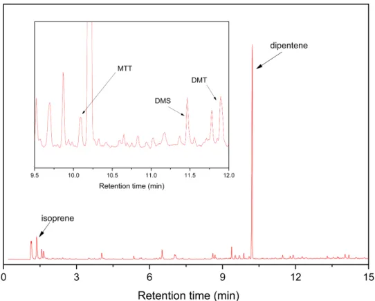 Figure  1.  Py-GC/MS  chromatogram  of  the  whole  lip  part  of  unchlorinated  wiper  blade  rubber.