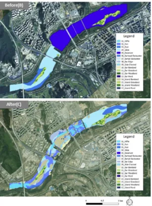 Fig. 2. River habitat diversity maps before and after weir 