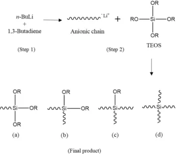 Figure  1.  Polymerization  mechanism  of  center  functionalized liquid  butadiene  (C-LqBR)