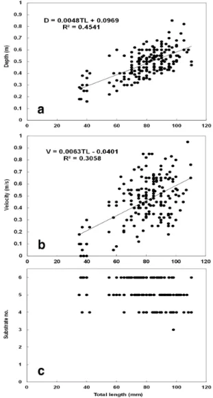 Fig. 7. Correlation of Pseudopungtungia nigra Depth and  Velocity. D : depth, V : velocity.