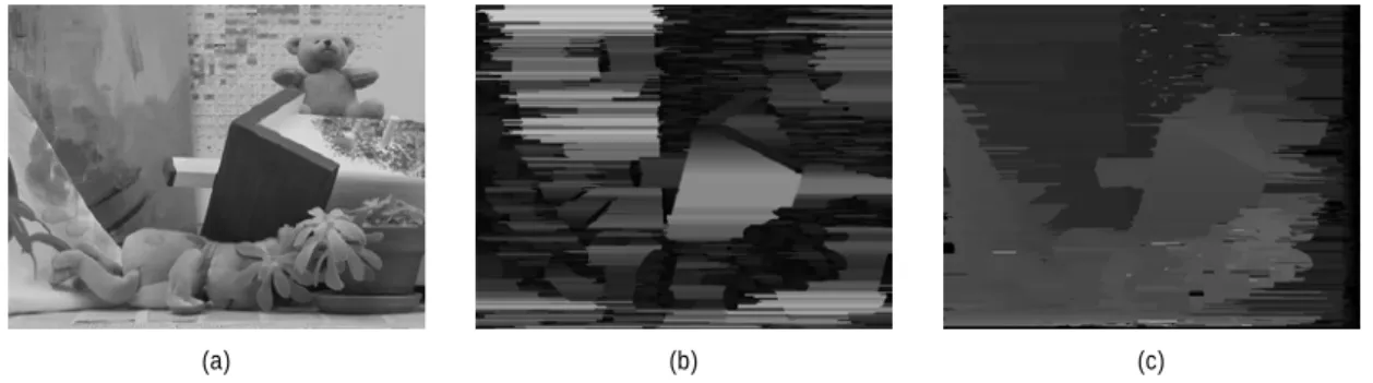 Fig. 6. Initial disparity estimation : (a) Teddy image (b) Adaptive block-size (c) Initial disparity map