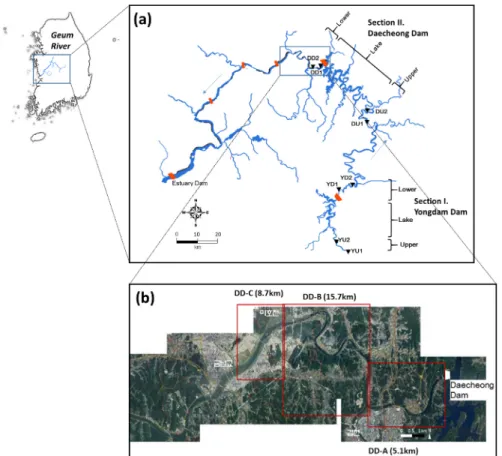 Fig. 1. Study area map for longitudinal changes in riverbed material characteristics (a) and temporal changes in river  channel geomorphology (b) in the Geum River basin, Korea.