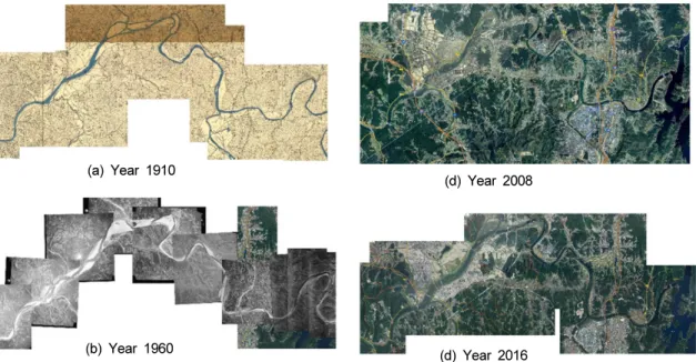 Fig. 3. Old map of Year 1910 (a) and aerial photographs taken in 1960 (b), 2008 (c), 2016 (d) for analyzing temporal  changes in channel geomorphology below Daecheong Dam in the Geum River, Korea.