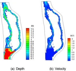 Fig. 4. Distribution of simulated flow depth and velocity  before restoration for the normal flow condition.