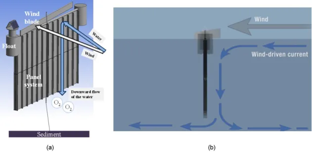 Fig. 1. Principle of non-powered water circulation system: (a) Feature of water circulation system, and (b) Sectional  view of wind-driven current.