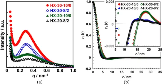 Figure 5. (a) SAXS profiles and (b) three-dimensional experimental correlation functions of the HX-30-10/0, HX-30-8/2, HX-20-10/0, and HX-20-8/2