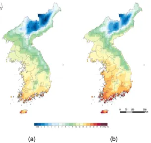 Fig. 2. Temperature change on the Korea based on RCP  8.5 (a) 2011~2055 (b) 2056~2100.