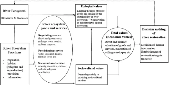 Fig. 1. Functions, goods and services of river ecological system, and decision making of river restoration (based on  Fig