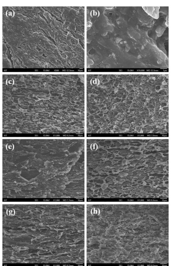 Figure 1.  FE-SEM data of waste-PVC containing Ca-Zn heat stabilizer and different amounts of HDPE; (a) waste-PVC containing 1 phr of Ca-Zn heat stabilizer (Χ500 magnification), (b) waste-PVC containing 1 phr of Ca-Zn heat stabilizer (X10,000 magnification