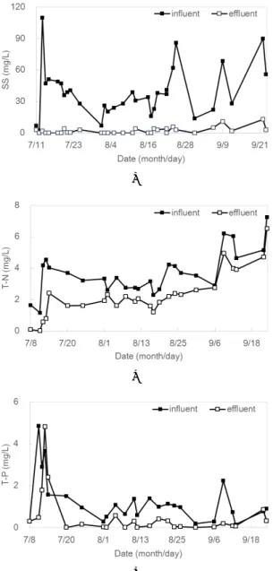 Fig. 4. Removal of suspended solids (SS), total nitrogen  (T-N) and total phosphate (T-P) by filtration experiment  using the filter media, Adphos.