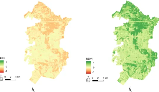 Fig. 6. The normalized difference built-up index (NDBI) (a) and the normalized difference vegetation index (NDVI) (b)  of Incheon City on August 2014.