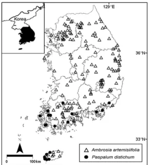 Fig. 1. Map showing the distribution of the study species in  South Korea. Provinces are separated by a solid line