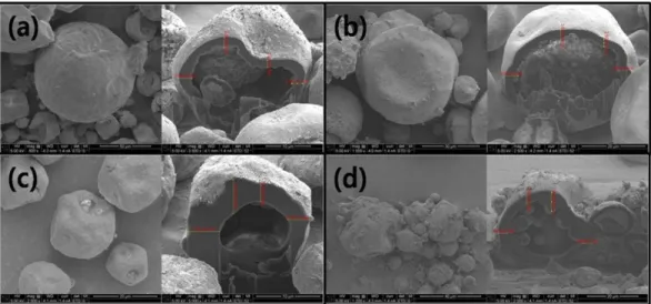 Figure 6. FIB images of thickness of the thermally expandable microsphers containing crosslinking-agent (a) 0.75 phm, (b) 1.0 phm, (c) 1.25 phm, and (d) 1.5 phm.