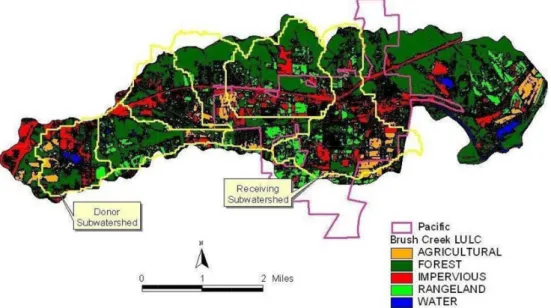 Fig. 2. The city of Pacific and the Brush Creek watershed with subbasins superimposed upon a land cover map.
