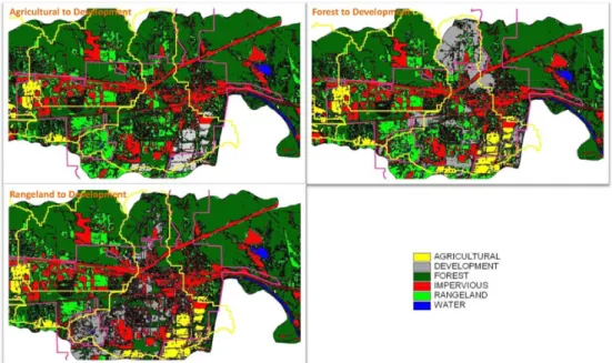 Fig. 3. BASINS land use themes modified to development area (grey area) from agricultural, forest land, and range  land in the downstream subwatershed