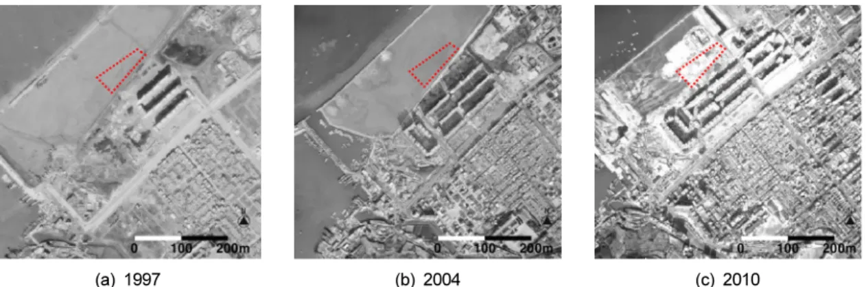Fig. 2. Historical change of aerial photographs in the study area. The dotted polygon indicates the study area.