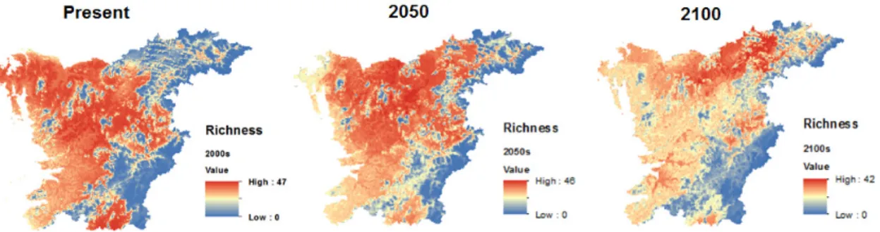 Fig. 2. Predicted fish species richness in the Geum river watershed using MaxEnt modeling with RCP 8.5 scenario