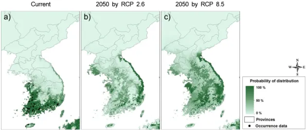 Fig. 2. Predicted potential distribution of Paspalum distichum var.  indutum  in the Korean Peninsula under current (a)  and future (2050) climate conditions according to Representative Concentration Pathway (RCP) 2.6 Scenario (b) and  RCP 8.5 Scenario (c)