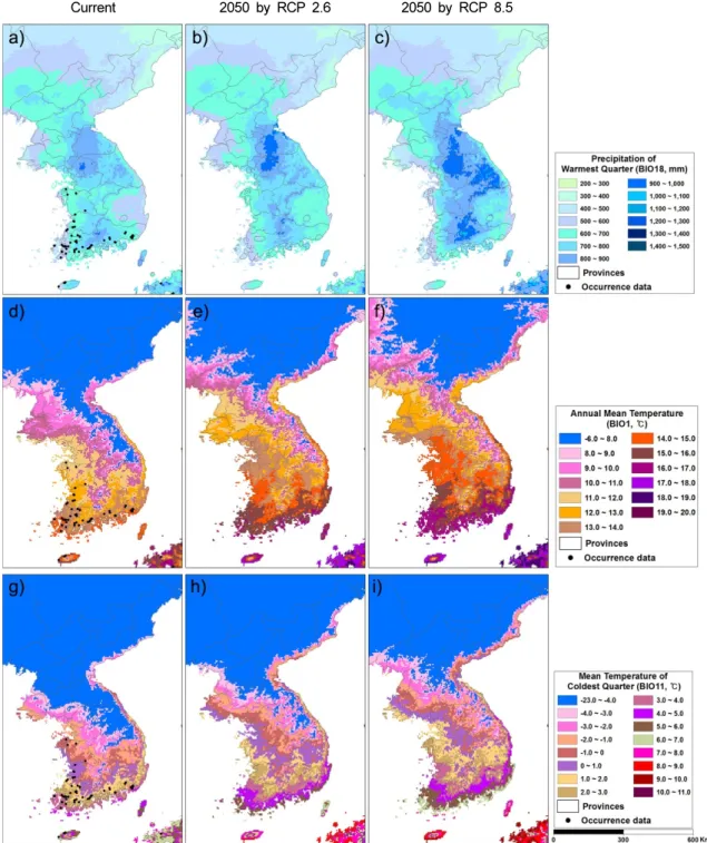 Fig. 3. Current and future expected (2050) precipitation of the warmest quarter (BIO18), annual mean temperature (BIO1)  and mean temperature of the coldest quarter (BIO11) in the Korean Peninsula (a, d and g current; b, e and h 2050  by Representative Con