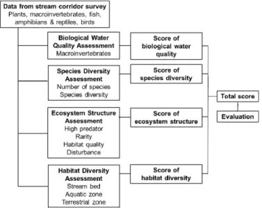 Fig. 1. Parameters and procedures for stream environment assessment using stream corridor survey data.으로 하천환경 관리를 일원화할 필요가 있으며, 상위계획에 근거하여 수립되는 하위계획의 체계적인 접근과 이에 필요한 하천환경 평가의 목적과 방법 등을 정립할 필요가 있는 것으로 판단되었다