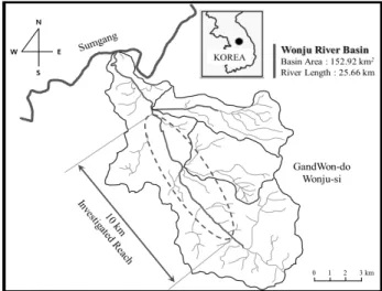 Table 1. Flow regime of Wonju River at the Wonju  Observation Station. Basin area (km 2 ) Flow  regime  (m 3   s -1 )Drought  (Q flow365 ) Low  flow(Q275) Ordinary (Qflow185) Abundant (Qflow95) 152.92 0.401 0.885 1.596 3.095