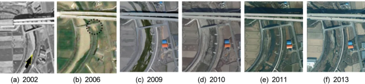 Fig. 8. Photographs showing flow patterns according to floods after construction of spur dikes.