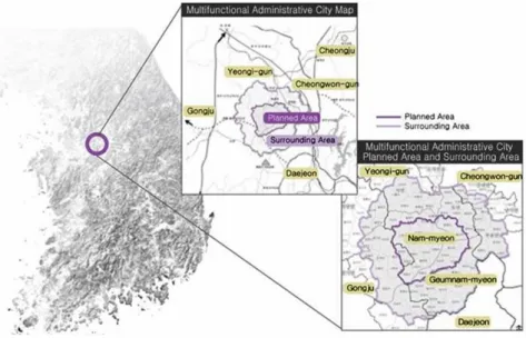 Fig. 1. Location of sejong new administration city서   론배경과 목표우리 국토·도시환경의 단절과 파편화는 생물종 다양성의 감소,  대기,  에너지,  토양과 물의 흐름과 순환에 부정적 영향을 가져오고 있다