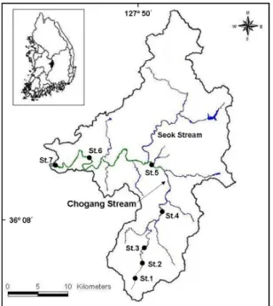 Fig. 1. A map showing the survey stations in the Chogang  Stream 면 물한리 민주지산 (1,242 m)에서 발원한다