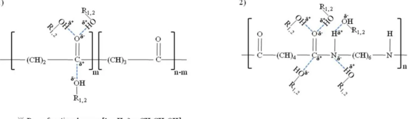 Figure 5. Interaction of polyketone and polyamide molecule with water and monoethylene glycol molecules: 1) polyketone 2) polyamide66 [redraw from 27]