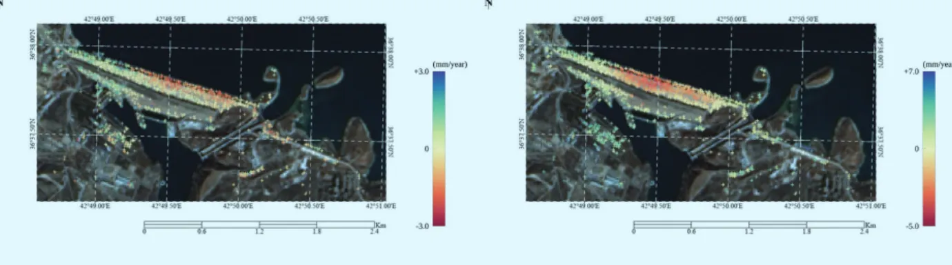 Fig. 3. Deformation velocity map using Sentinel-1 images on Mosul dam, Iraq