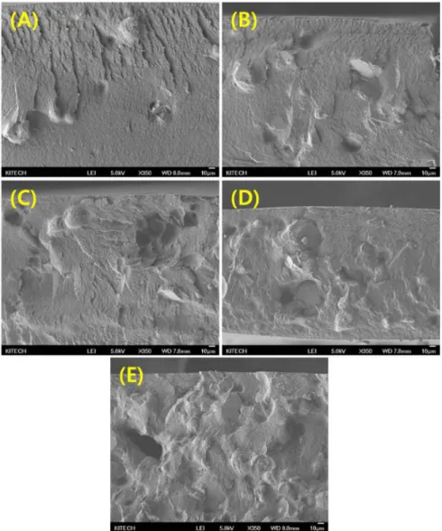 Figure 3. SEM images of the notched Izod impact fracture surface of the PA66/MgO composites with different MgO content: (A) 8:2 (PA66/MgO; wt/wt), (B) 7:3, (C) 6:4, (D) 5:5, (E) 4:6.