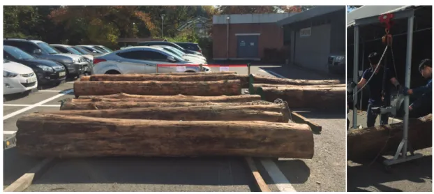 Fig. 1. Measurement of the weight variation of Korean red pine logs in air drying