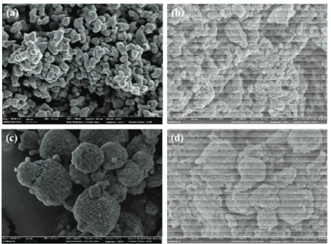 Fig. 3. Surface morphology of fresh and used catalysts: (a) fresh NiMo/Al 2 O 3 ; (b) used NiMo/Al 2 O 3 ; (c) fresh NiFe/HBeta; (d) used NiFe/HBeta.
