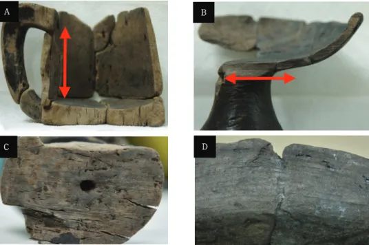 Fig. 5. The processing method of container at Imdang-dong site (A: Seonjil (longitudinal process), B: Nunjil (Tangential process), C: The fixed trace of a turning lathe, D: The sculpted trace of a turning knife).