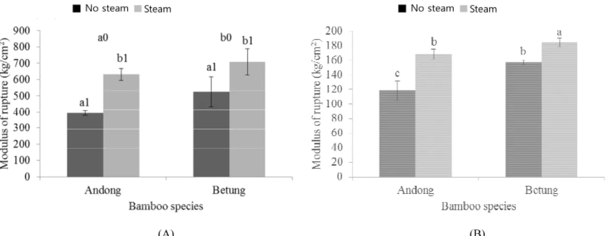 Fig. 4. MOR parallel to the grain (a) and MOR perpendicular to the grain (B) of B-OSBs from andong and  betung with and without steam treatment; different letter showed a significant difference; 0: bamboo species; 
