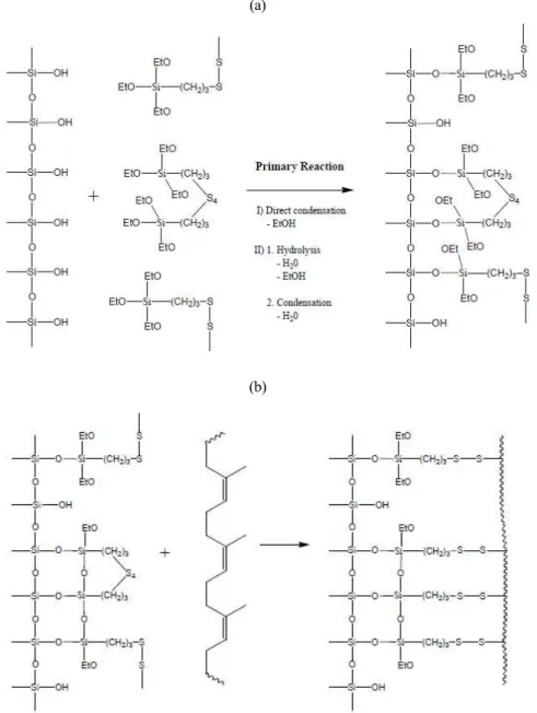 Figure  1.  Reaction  mechanism  of  silanol  group  of  silica with  silane  coupling  agent;  (a)  silica-silane  coupling  agent  reaction  (b)  silane  coupling  agent-polymer  reaction