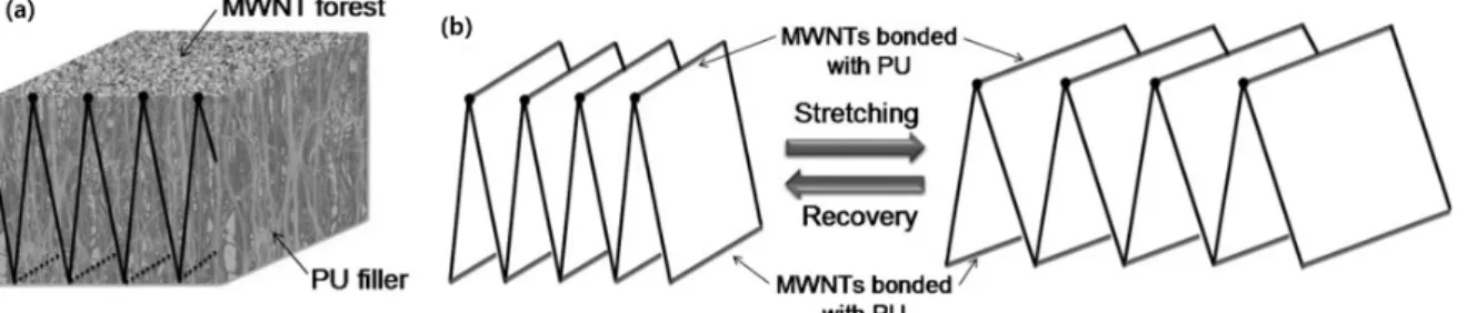 Figure 13. (a) 3D accordion structure based on CNT forest electrode, (b) Operation principle of CNT forest electrode