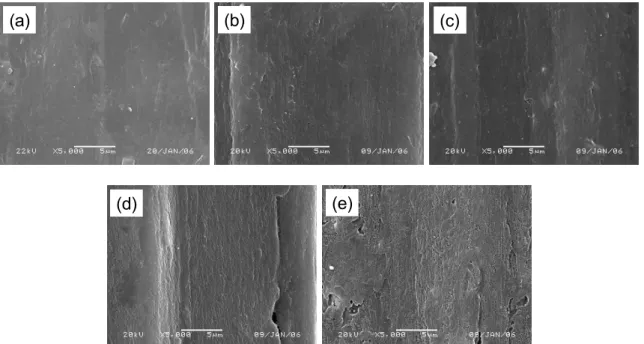 Figure 4. SEM micrographs of the surface of untreated- and plasma-treated jute fibers with variable plasma powers: (a)  untreated, (b) 40W, (c) 60W, (d) 80W, and (e) 100W