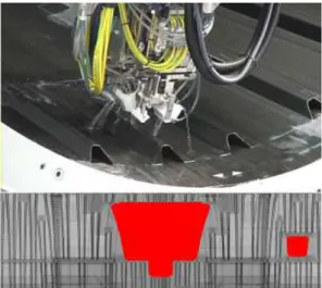 Figure 8. Non-destructive test (above) and result (below) of B787  structure. 2.  자기구조진단  시스템기술의  향상 B787과 같은 복합재료 항공기의 전격적인 출현과 더불어 대두된 문제점중의 하나로는 복합재료 동체나 날개의 내재된 결함의 검출기법인 비파괴 시험과 평가 기술에 대한 요구 증대라 할 수 있다.16  이는 복합재료 항공기는 기존의 금속 구조 항공기와 달리 충격시에 찌그러진 부분이 