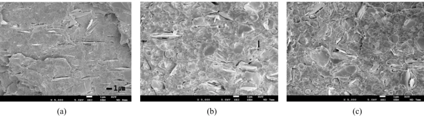 Figure 7. SEM image of PLLA/EGMA blends with 10 phr talc(X5000).(a)100/0/10 (b)75/25/10 (c)50/50/10