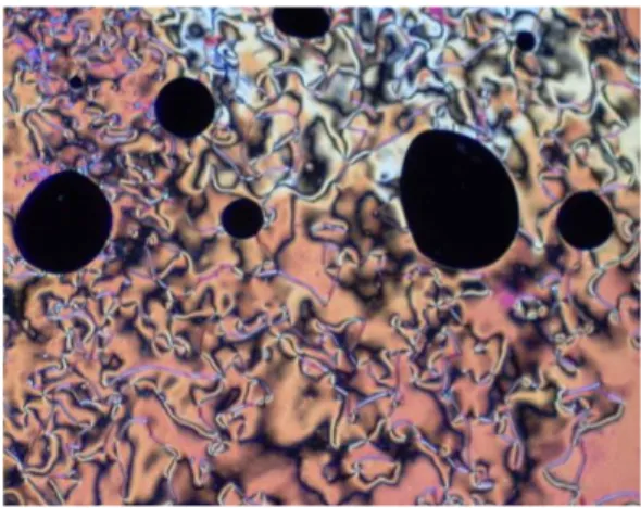 Figure 4. Polarized optical photograph of coumarin compound 3 (A) at 168 ℃, first cooling; (B) at 190 ℃, first cooling; (C)  at 200 ℃, second heating ; (C) at 130 ℃, second cooling.