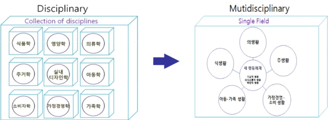 Figure  1.  Transition  of  curriculum  framework동체계를 세 개의 셀로 나누어 제시하였는데 이는 세 행동체계별로 나누어 학습하게 되는 것을 의미하는 것이 아니라 우리나라 가정과 교사들 중에 각각의 행동체계에 대한 이해를 도모하기 위한 것이다
