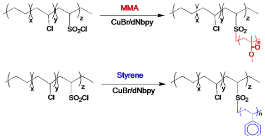 Figure 12. Schematic diagram for chlorosulfonated polyethylene macroinitiator and the preparation of polyethylene graft  copolymers