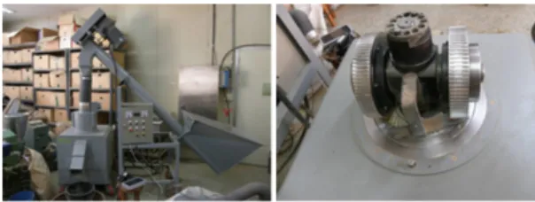 Fig. 1. Images of entire machine (left) and die (right) of flat-die pelletizer used in this study.