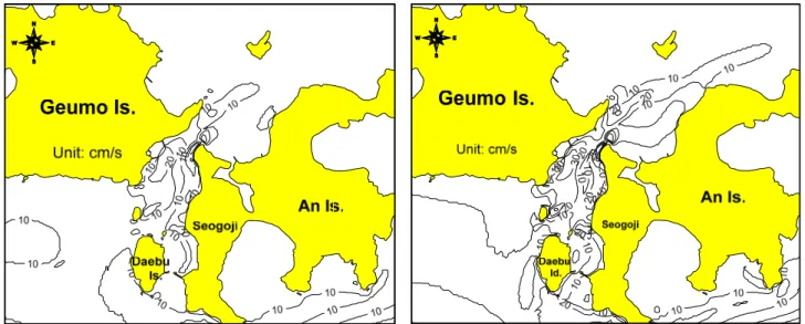 Fig.  10.  Velocity  contours  of  tide  induced  residual  currents  in  neap  (left)  and  spring  (right)  tide  between  Geumo  Island  and  An  Island.