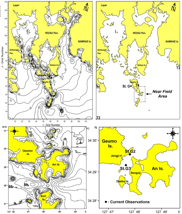 Fig.  1.  Study  areas  of  far-field  (upper  panels)  and  near-field(lower  panels)  for  numerical  model  experiments