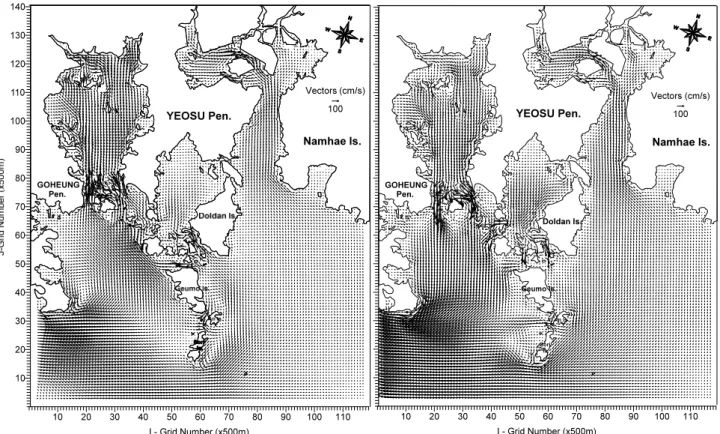 Fig.  4.  Maximum  flood  (left)  and  ebb  (right)  currents  in  spring  tide  calculated  by  far-field  model  experiments.